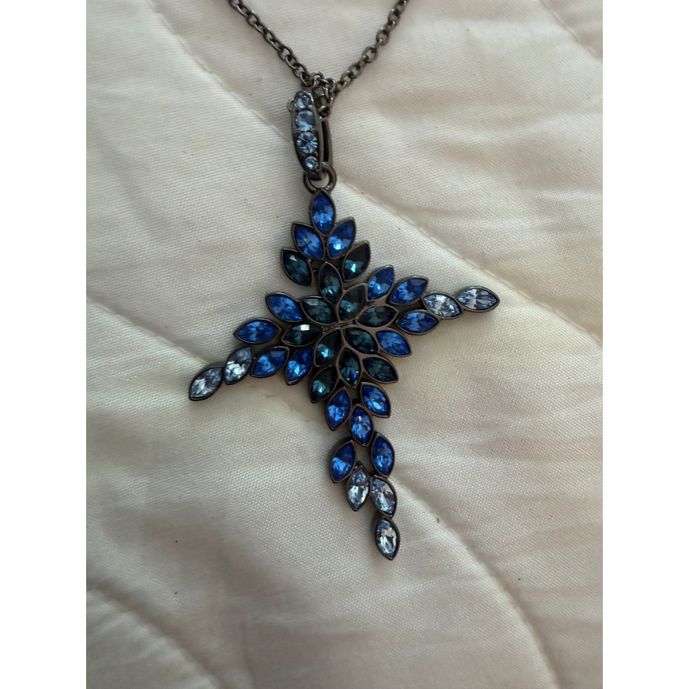 Blue Crystal Floral Cross Pendant Necklace Gunmetal Tone Chain Marquise Stones